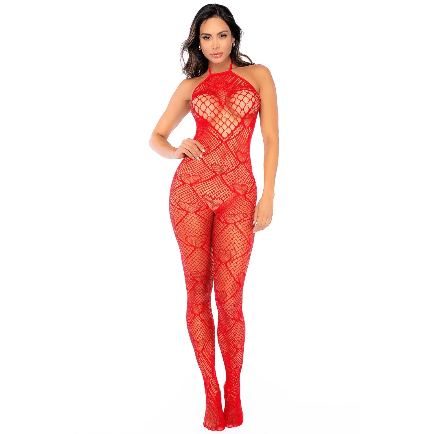 Bodystocking résille rouge motif cœur strass ouvert entrejambe Mapalé romantique audacieux