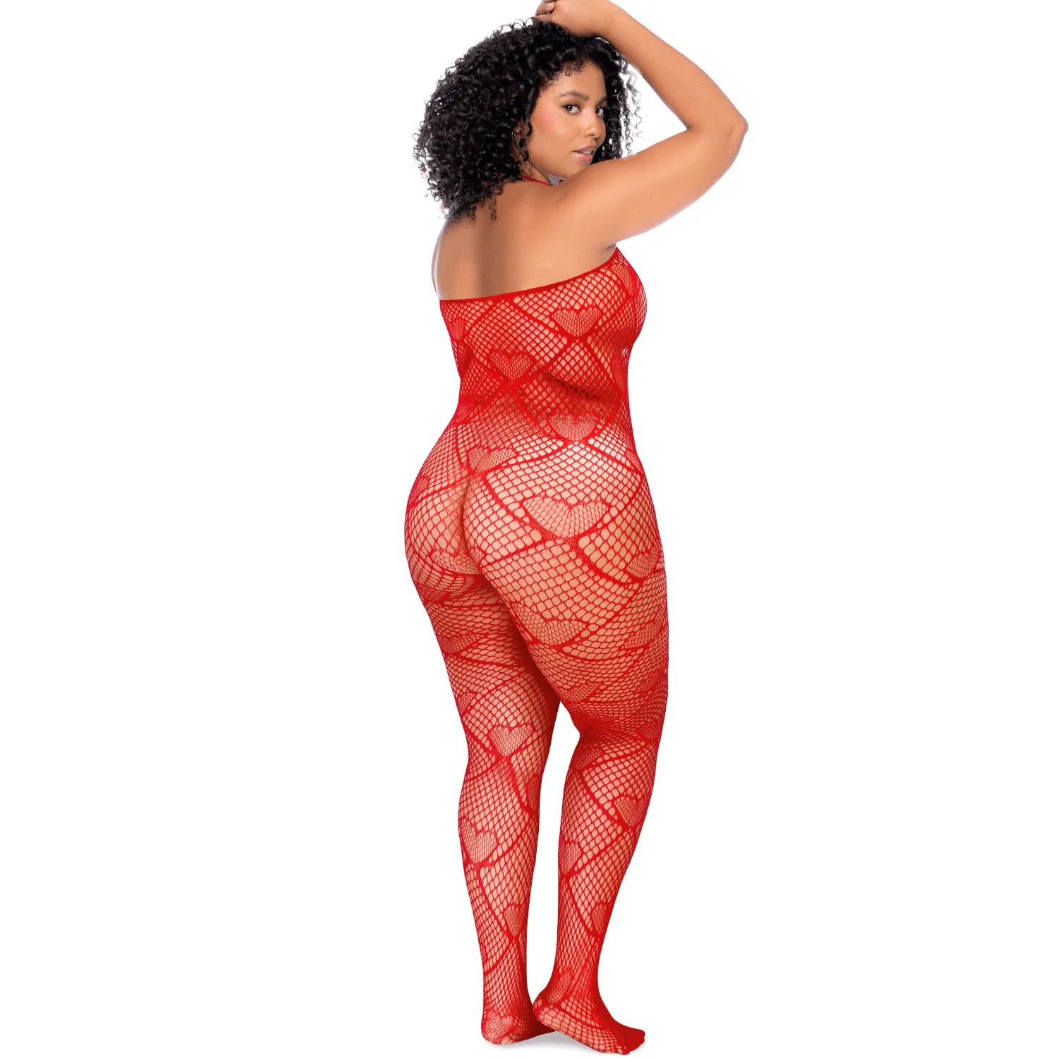 bodystocking grande taille résille rouge motif cœur strass ouvert Mapalé