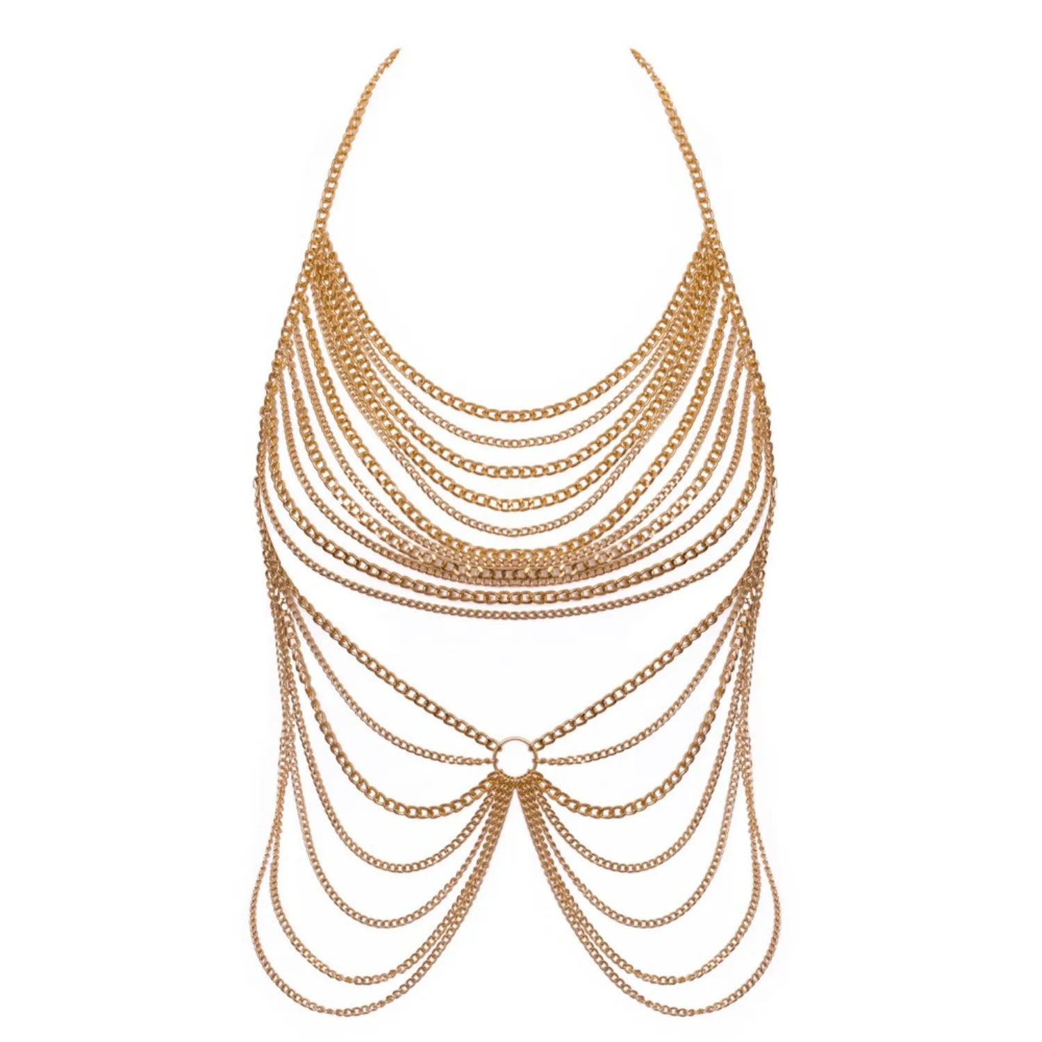 Chaîne de corps dorée réglable, élégante et glamour, sublimant la silhouette avec sensualité et polyvalence.