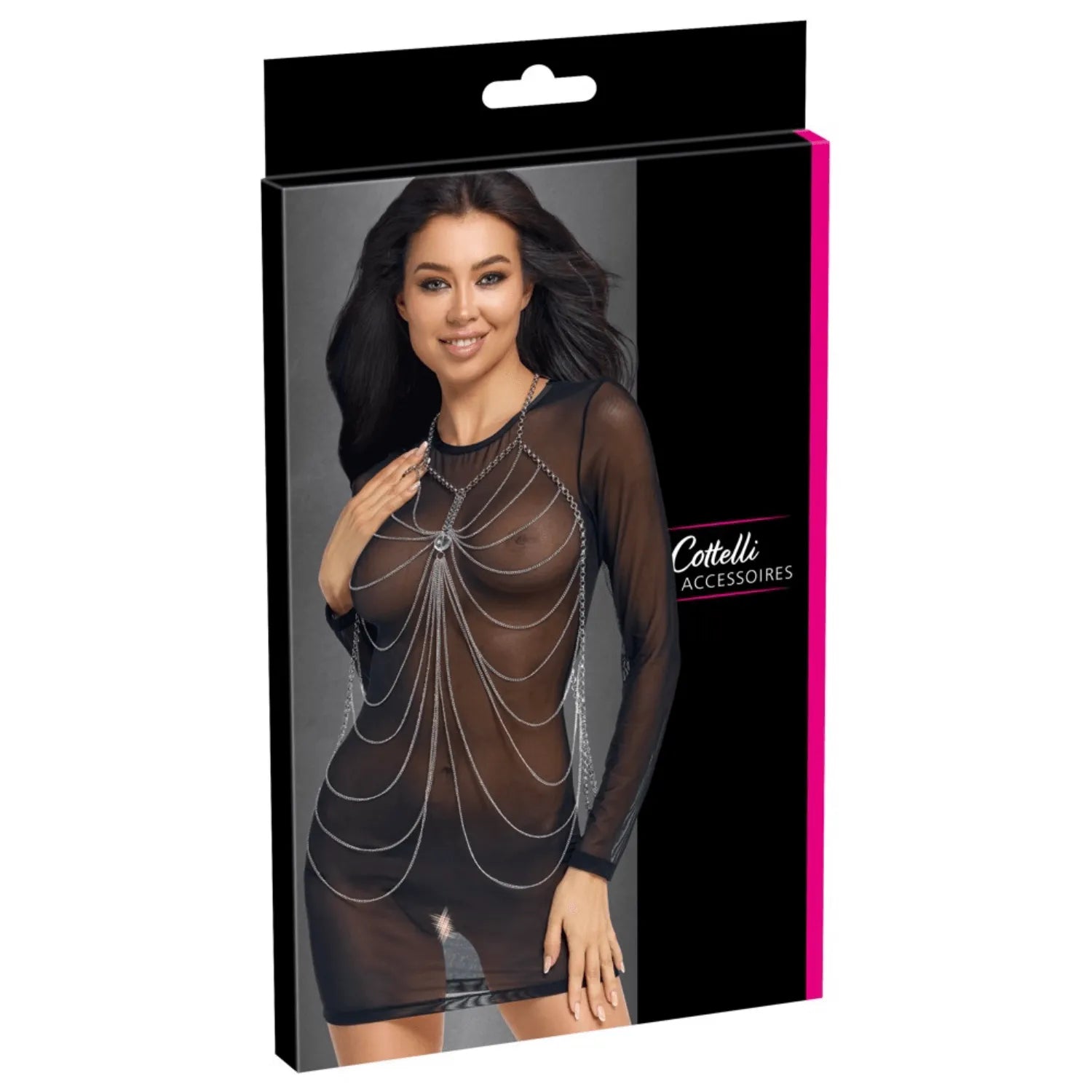 Chaîne de corps argentée avec pierres décoratives, look glamour, ajustable, portée sur une robe noire transparente.