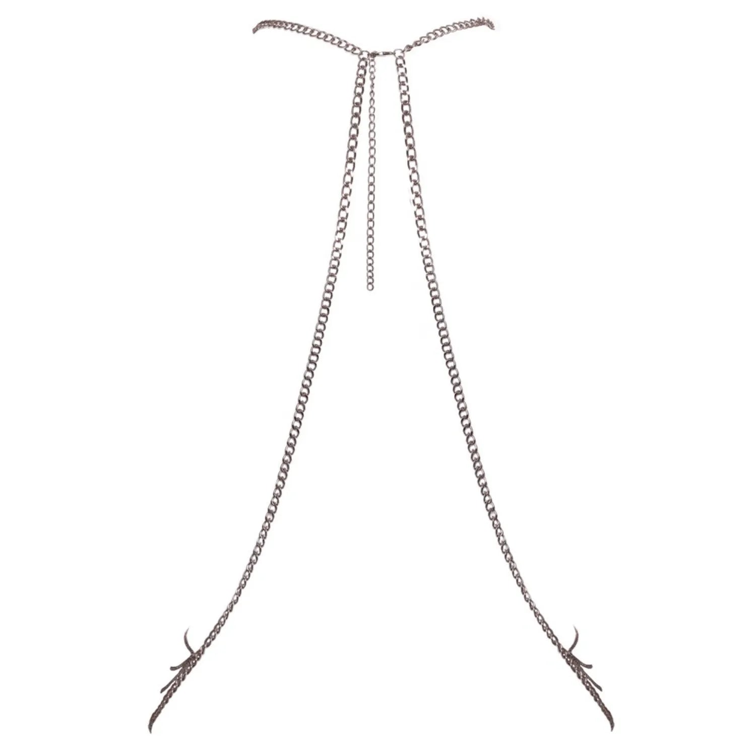 Chaîne corps argentée réglable glamour avec mousquetons, style neckholder, élégante et polyvalente pour toutes tenues.