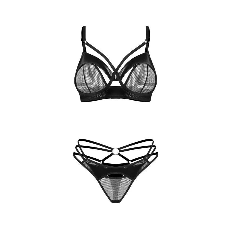 Ensemble lingerie noir imitation cuir maille, soutien-gorge à armatures et string sexy, design élégant et sensuel.