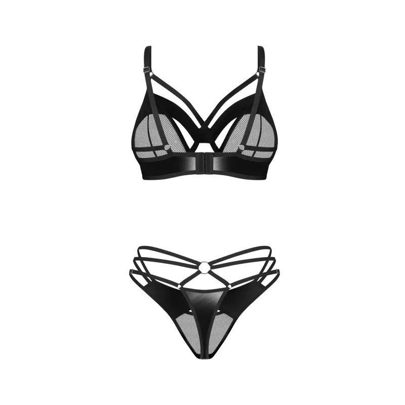Ensemble lingerie noir imitation cuir, soutien-gorge à armatures et string, design maille sexy et élégant.