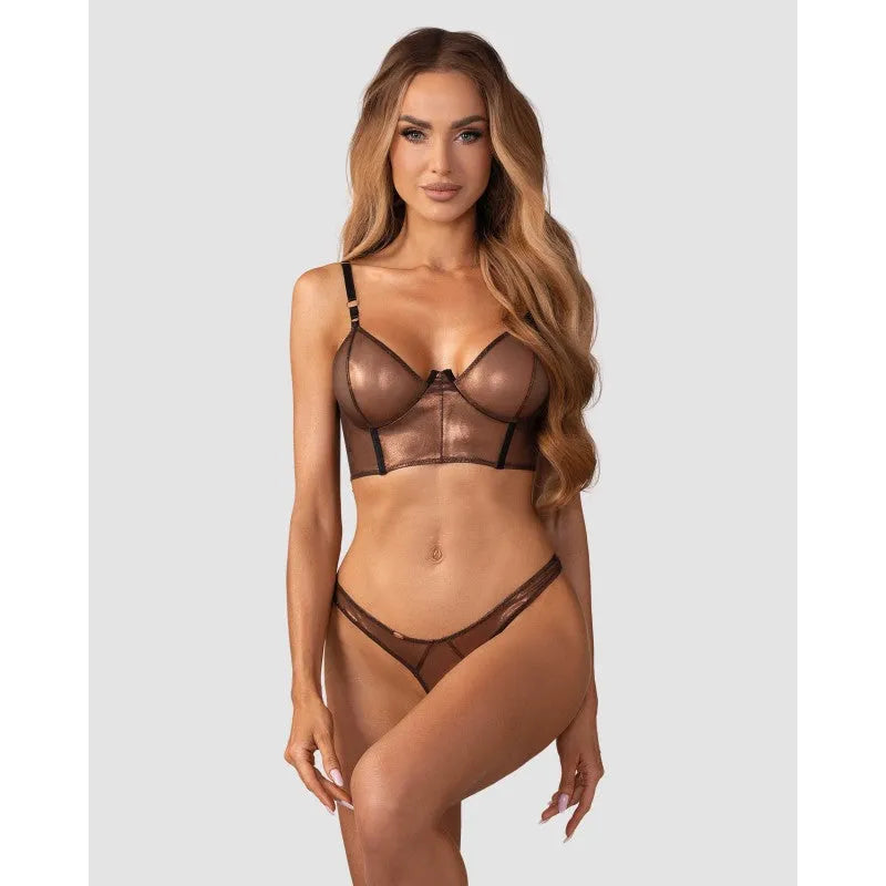 ensemble lingerie deux pièces maille dorée haut armatures string ouvert provocateur