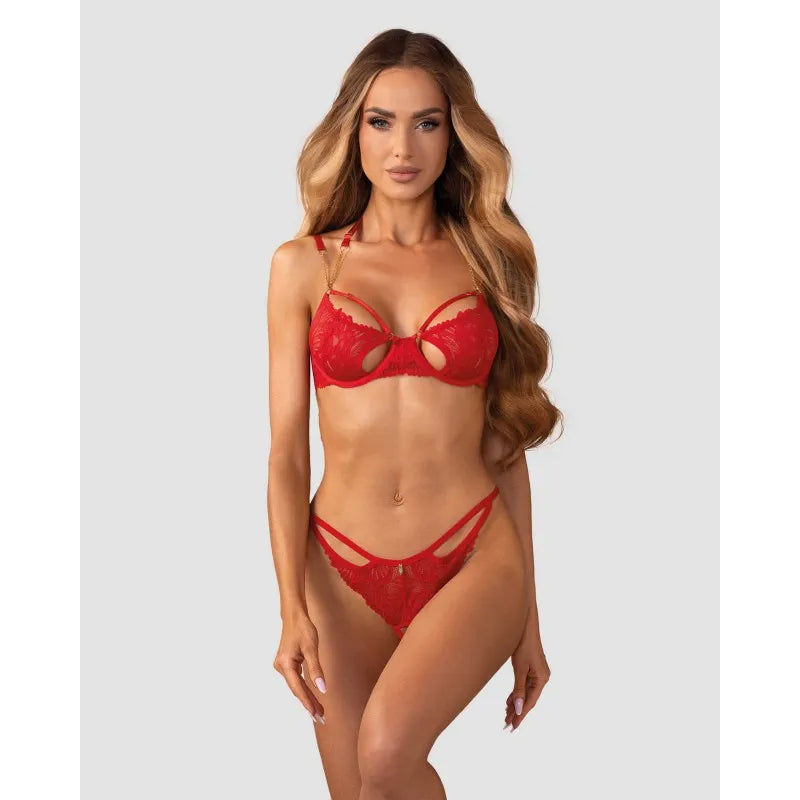 ensemble lingerie dentelle rouge avec chaîne dorée soutien-gorge string ouvert