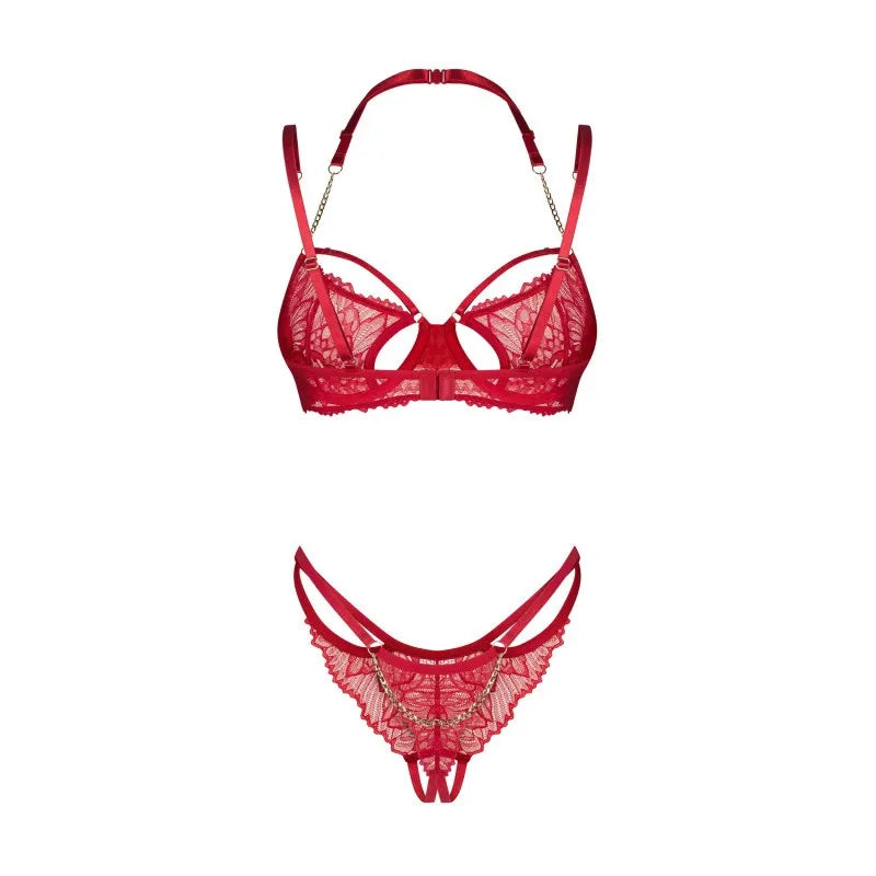ensemble lingerie dentelle rouge avec chaîne dorée soutien-gorge string ouvert