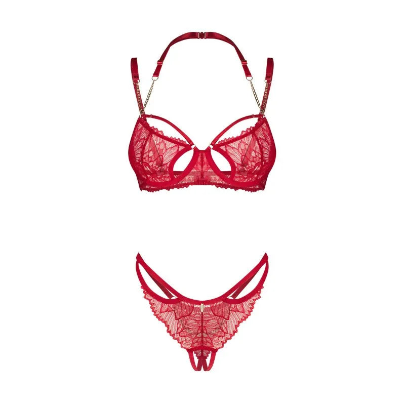 ensemble lingerie dentelle rouge avec chaîne dorée soutien-gorge string ouvert