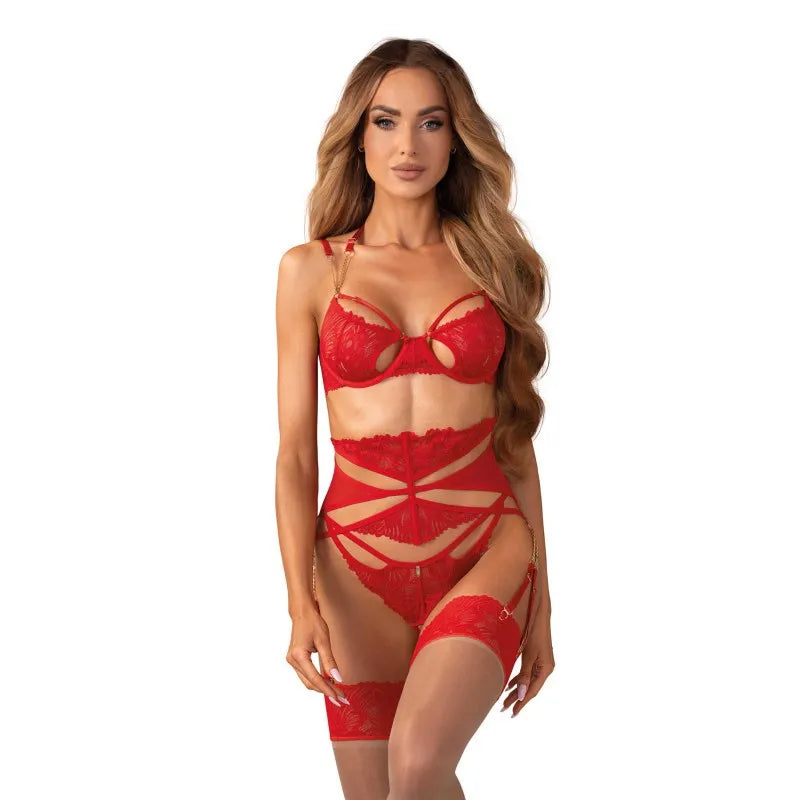 ensemble lingerie dentelle rouge avec chaîne dorée soutien-gorge string ouvert
