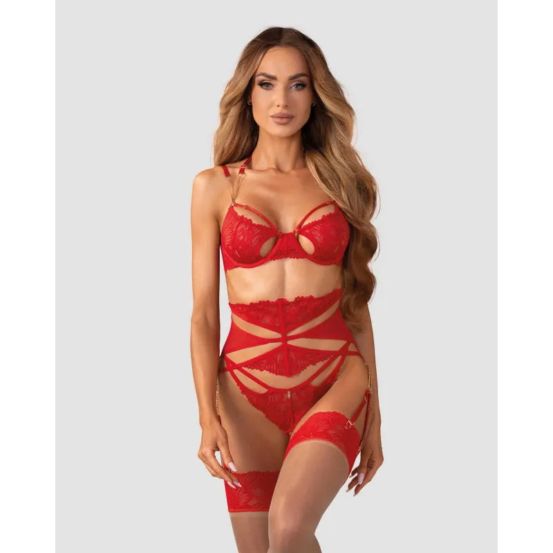 ensemble lingerie dentelle rouge avec chaîne dorée soutien-gorge string ouvert