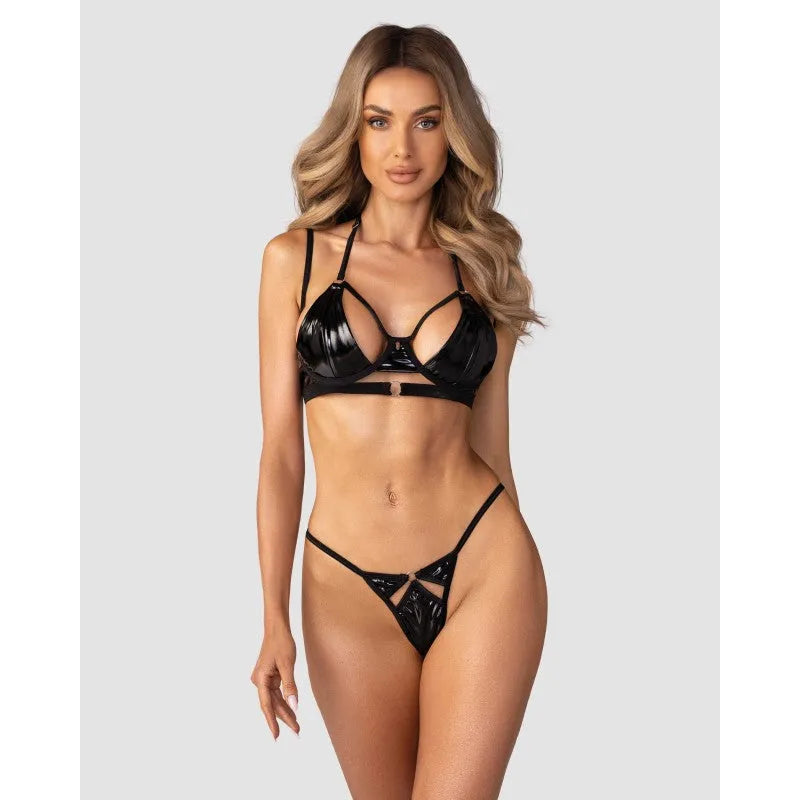 Keira Lise ensemble lingerie noir brillant latex bretelles réglables string découpes