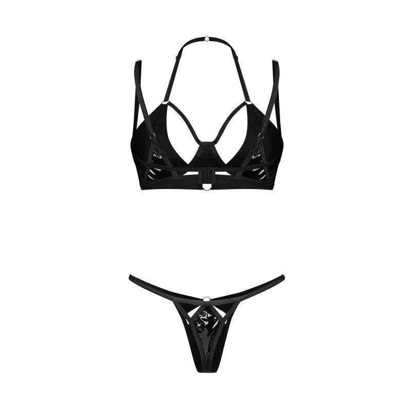 Keira Lise ensemble lingerie noir brillant latex bretelles réglables string découpes