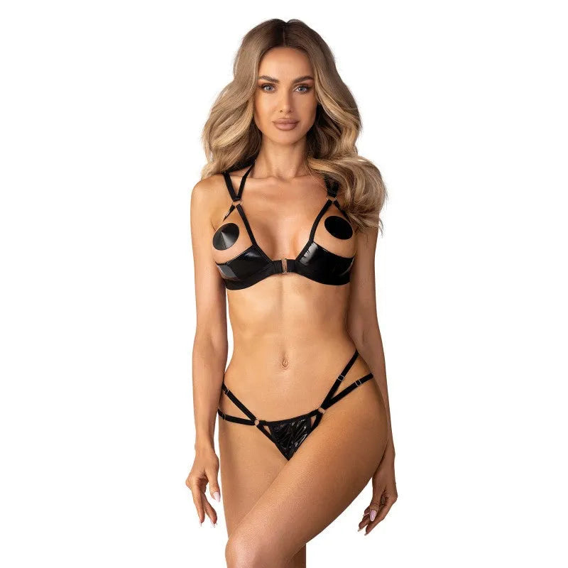 Keira Lise ensemble lingerie ouvert noir aspect latex sensualité ajustable femmes
