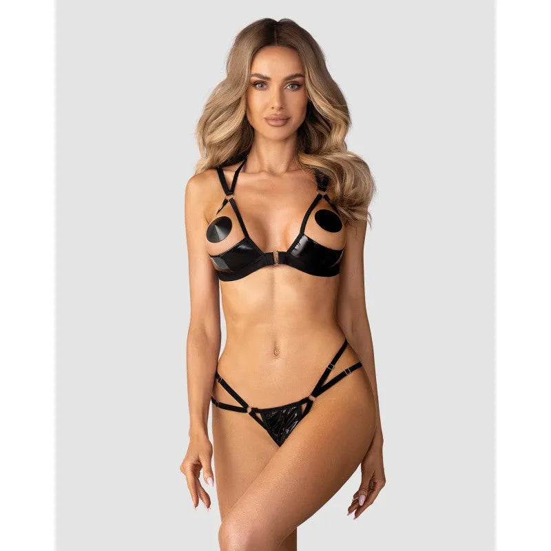Keira Lise ensemble lingerie ouvert noir aspect latex sensualité ajustable femmes