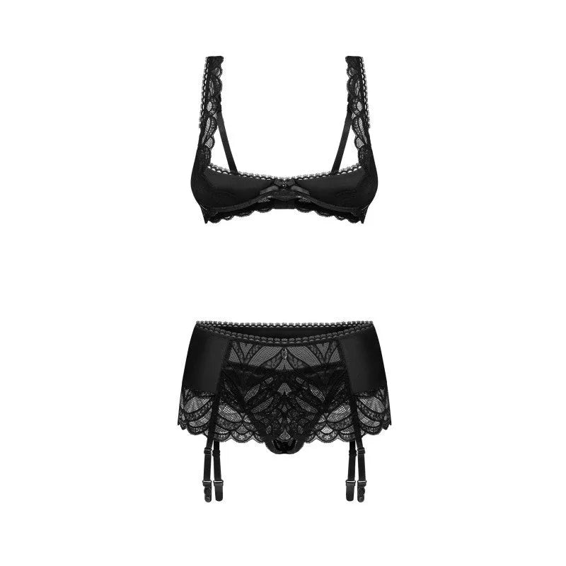 Lecille ensemble lingerie 3 pièces dentelle noir demi-bonnet perle satin