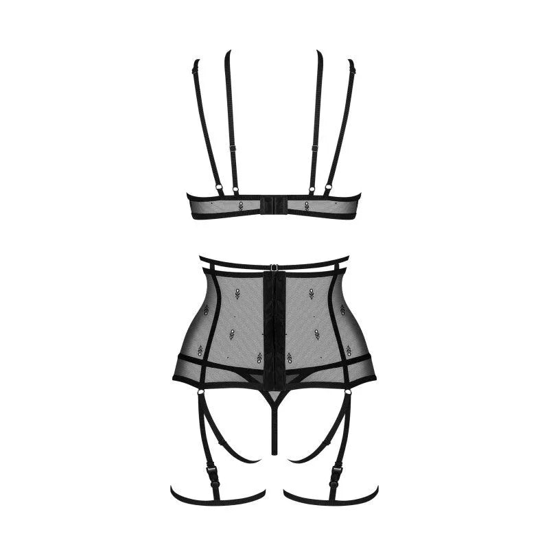 Ensemble lingerie noir 4 pièces avec soutien-gorge, porte-jarretelles, jarretières détachables et string, design élégant.