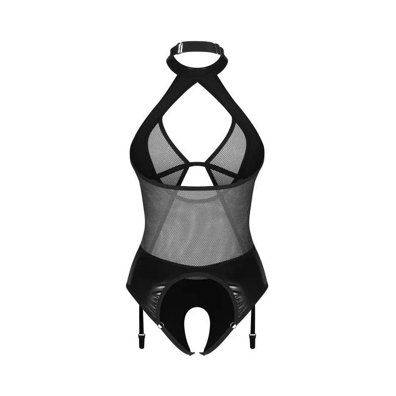 Body noir imitation cuir, maille transparente, tour de cou, ouvert à l'entrejambe et poitrine, jarretelles intégrées.