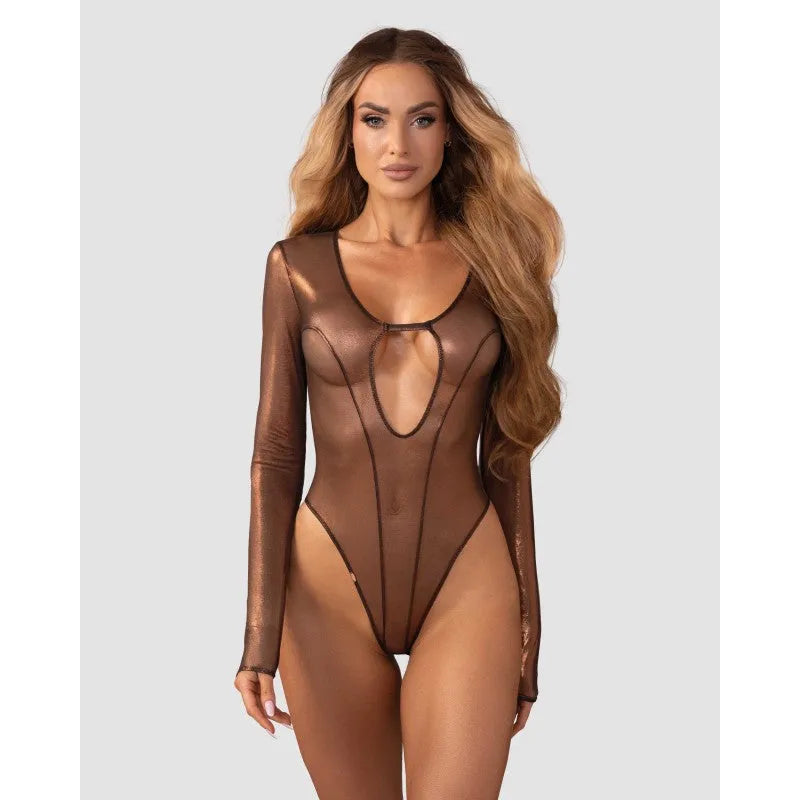 Soranna body manches longues maille transparente reflets dorés élégant ajusté féminin