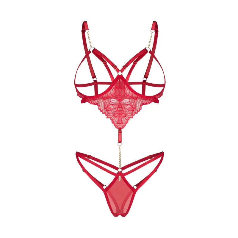 Teddy rouge sans crochet dentelle maille armatures chaîne dorée ouverte