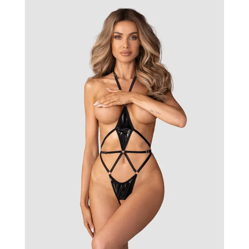 Body ouvert Keira Lise en latex noir ajustable, design sensuel pour femmes confiantes, sublimant la silhouette.