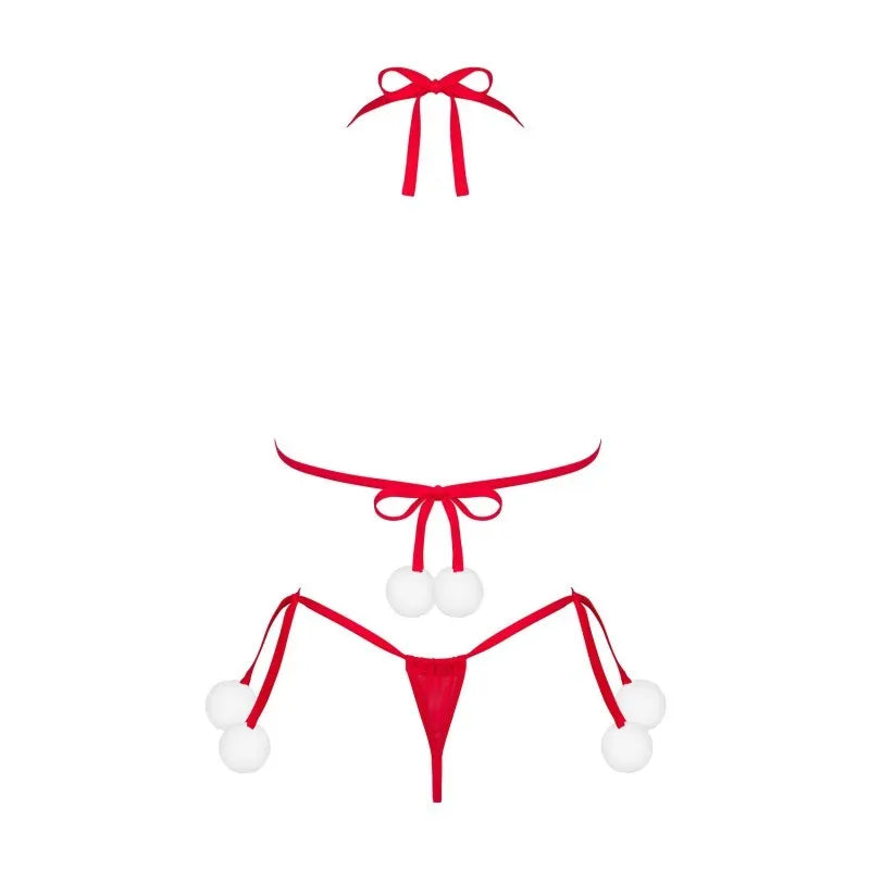 Ensemble lingerie Noël rouge avec pompons blancs et pendentif brillant, design séduisant et festif pour les fêtes.