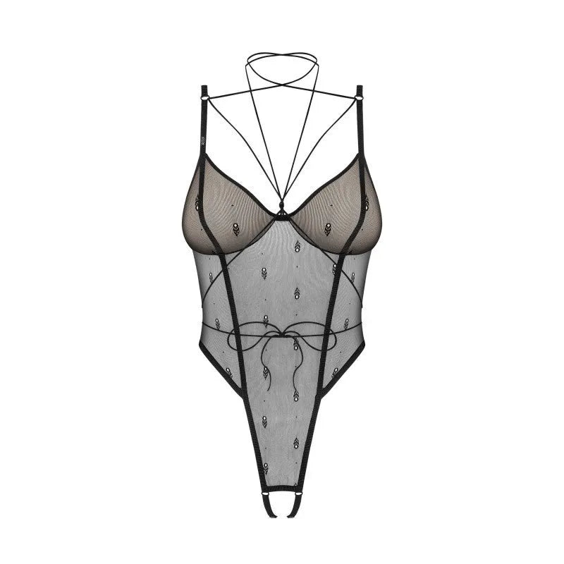 Body noir ouvert harnais sensuel réglable maille transparente Anniverse