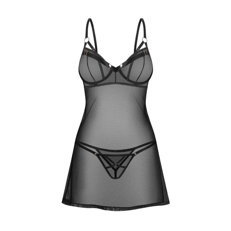 Nuisette string noir Euridia maille transparente ajustée armatures métal rose doré