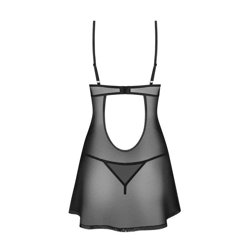 Nuisette string noir Euridia maille transparente ajustée armatures métal rose doré