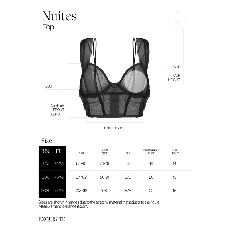 Nuites top soutien armatures noir tissu premium ajustement personnalisable élégant femmes