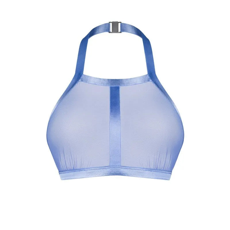 Top bleu moderne élastique filet transparent fermoir argenté élégant