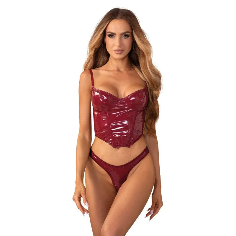 Corset string brillant rouge laçage arrière confort ajustable polyuréthane polyester