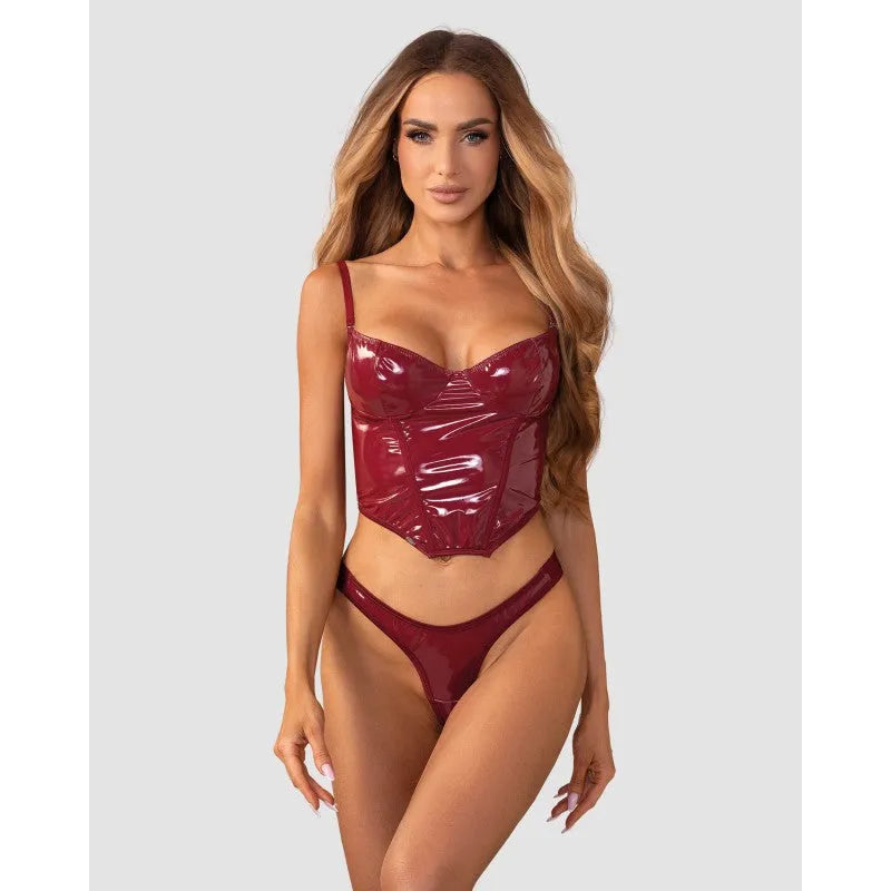 Corset string rouge brillant avec laçage arrière, en polyuréthane et polyester, élégance et confort pour occasions spéciales.