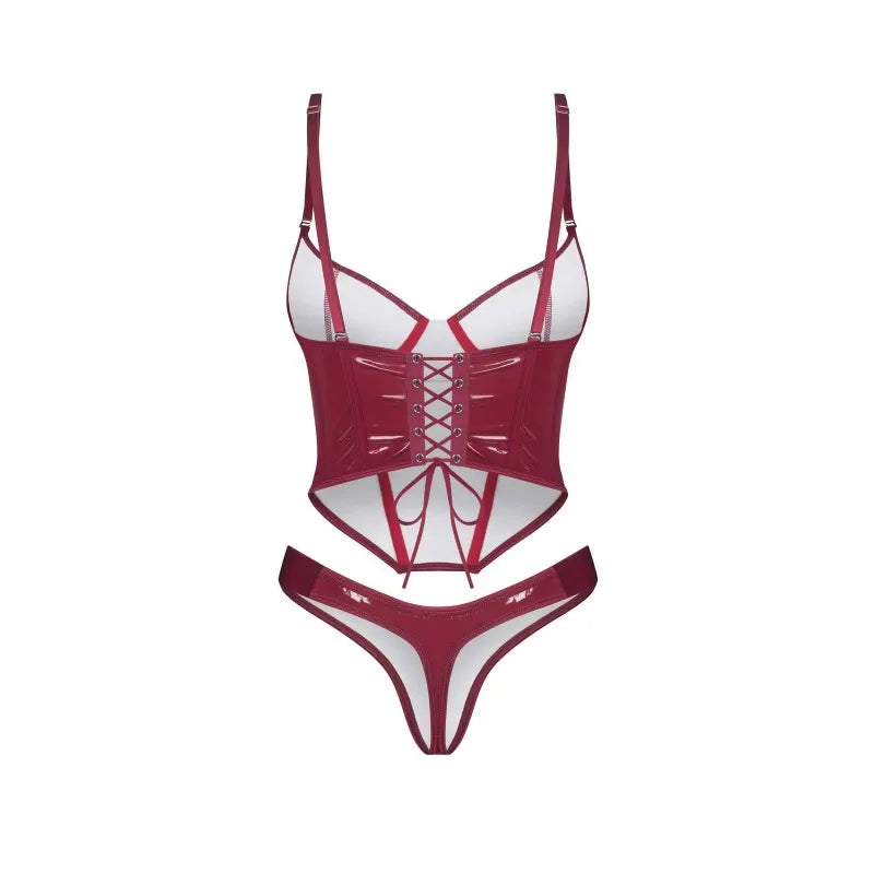 Corset string rouge brillant avec laçage arrière, matière polyuréthane polyester, élégant et ajustable pour silhouette sub...