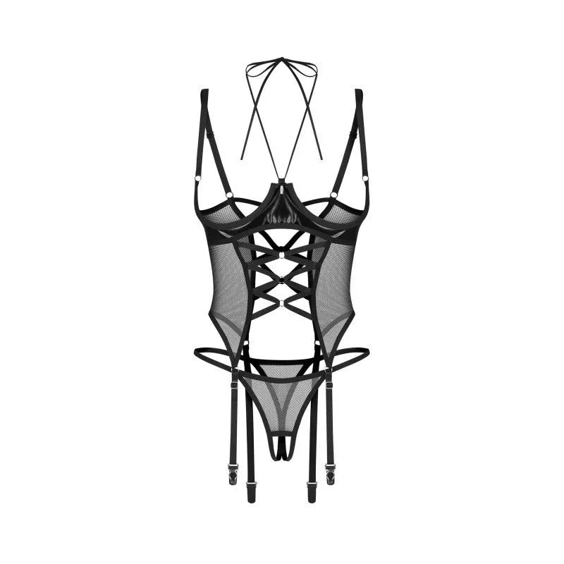 Ensemble corset string ouvert noir brillant en maille avec armatures et jarretelles, style glamour et silhouette élégante.