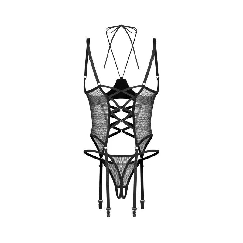 Ensemble corset string noir brillant en maille avec armatures, jarretelles et détails ouverts, élégant et sensuel.