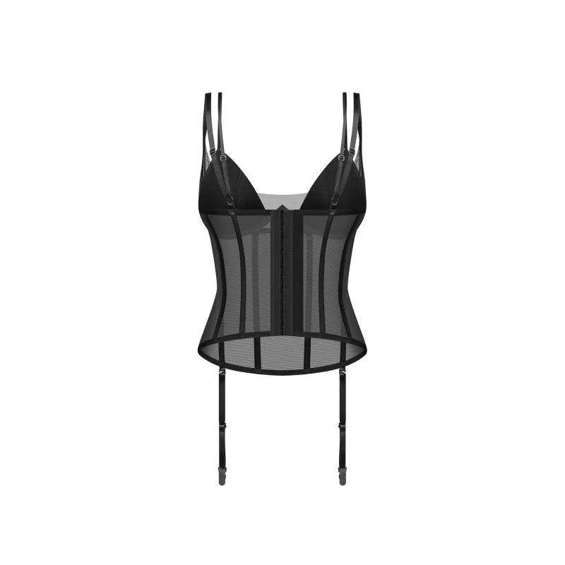 Corset noir profond en maille élastique, baleines verticales, bonnets rembourrés, bretelles réglables, élégant.