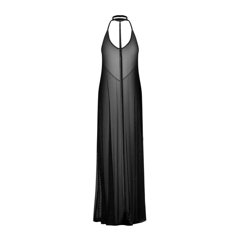 Robe longue noire glamour décolleté triangulaire tissu léger Nuites
