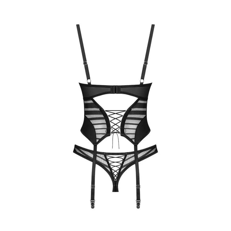 ensemble lingerie noir corset string tissu luxueux bonnets ovales jarretières réglables