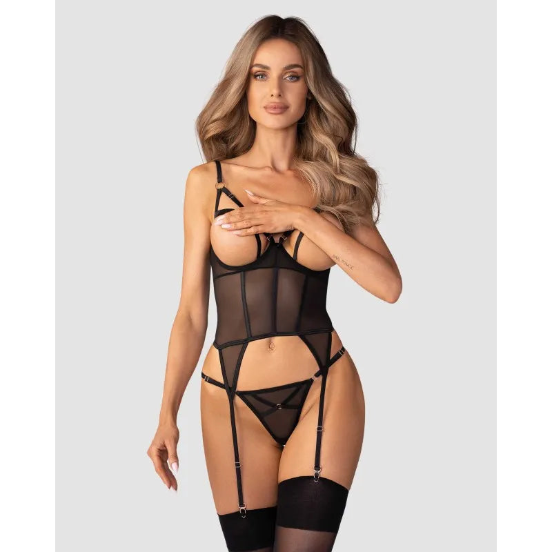 Euridia corset string noir maille douce ajustable détails or rose tasses ouvertes