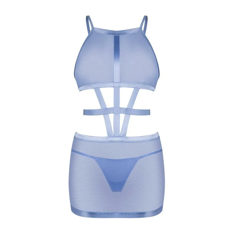 Robe string bleu Shaderi filet transparent ceinture réglable haute qualité