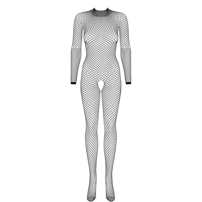 Bodystocking noir résille, dos nu, entrejambe ouvert, manches longues, tissu résistant, coupe sensuelle et glamour.