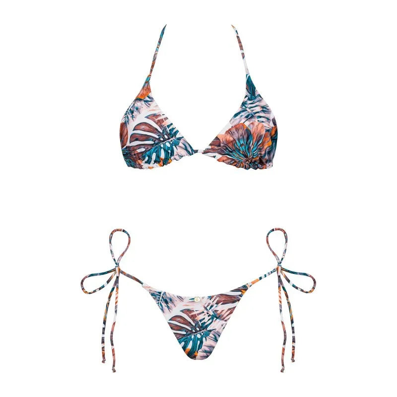 Bikini réversible pêche motifs floraux, ajustable, style vacances, confort et élégance sous les palmiers.