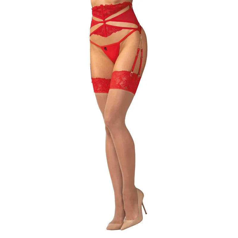 Bas jarretelles nude dentelle rouge sexy extensible Matildea collection complète