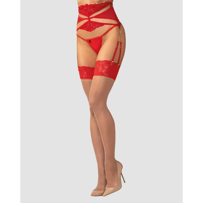 Bas jarretelles nude avec dentelle rouge Matildea, design sexy et extensible, sublimant la silhouette féminine.