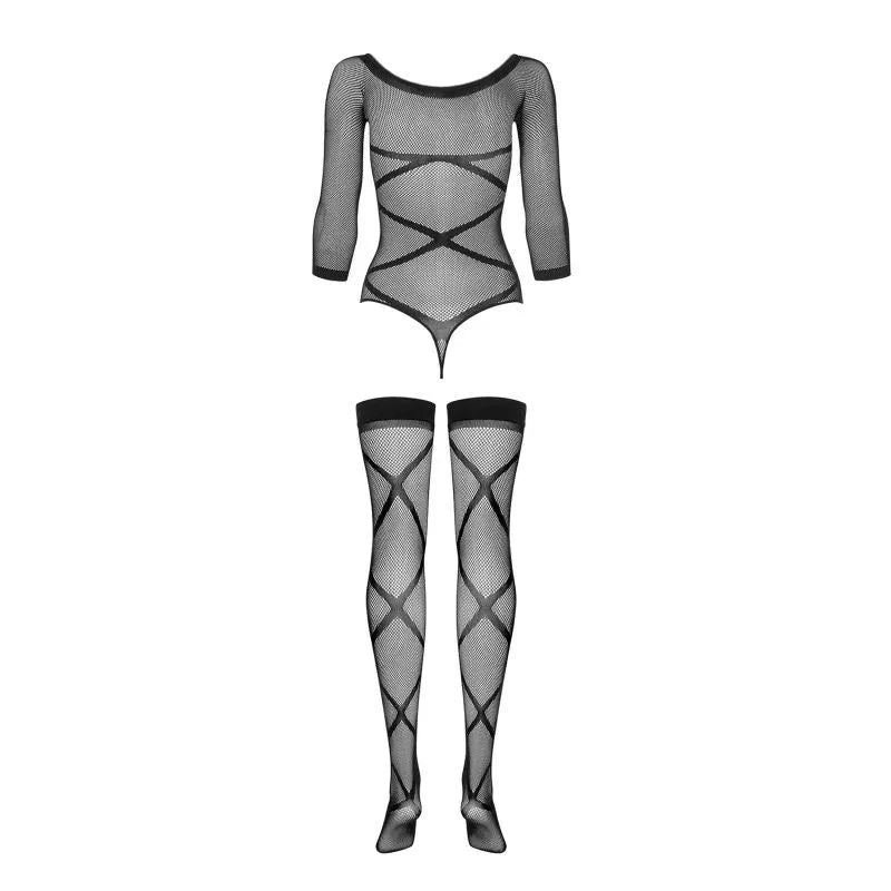 Bodystocking noir résille sexy avec bas autofixants, design audacieux et résistant, sublimant la silhouette féminine.