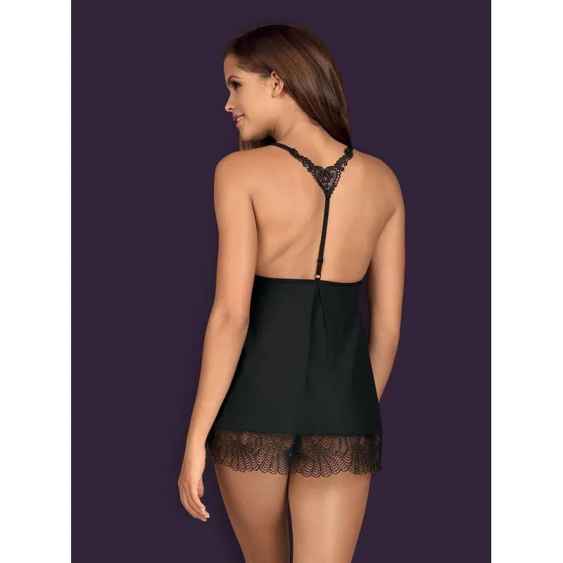 Babydoll noire Chiccanta multistretch avec nœud satin, dentelle délicate, string inclus, élégance et sensualité assurées.