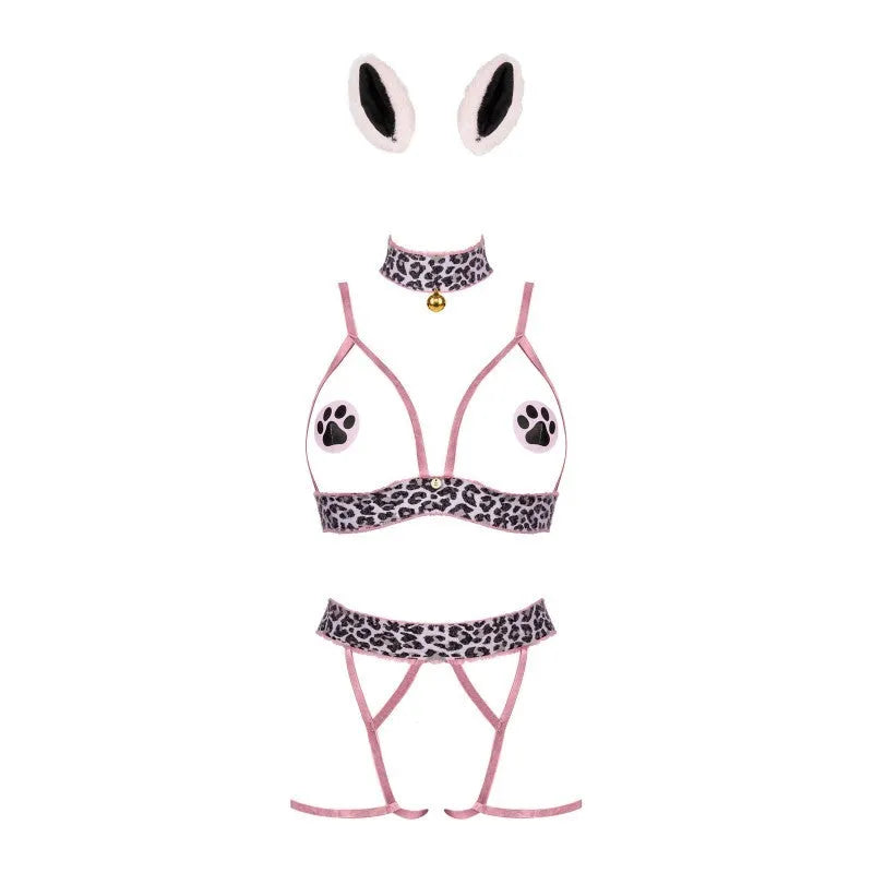 Costume Catriny multicolore avec soutien-gorge ouvert, culotte léopard, cache-tétons, tour de cou et oreilles de chat.