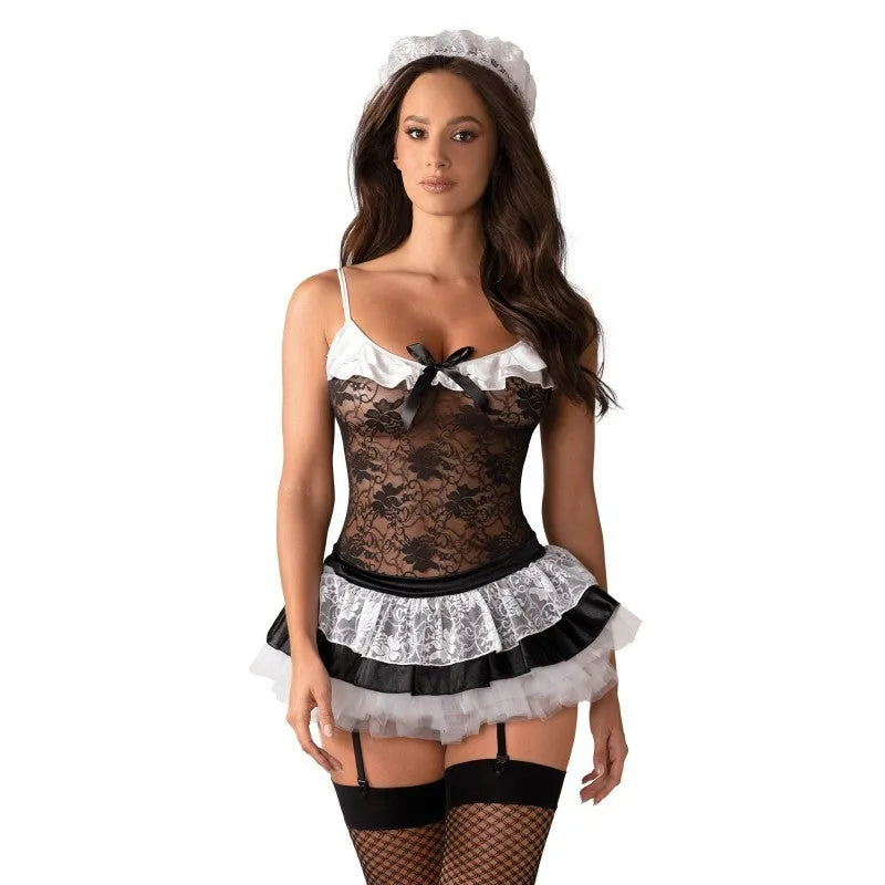 Costume femme de chambre sexy noir blanc corset dentelle jarretelles réglables