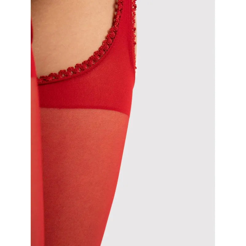Bas jarretelles rouge 20 DEN, détail dentelle, 86% polyamide, 14% élasthanne, élégant et raffiné.