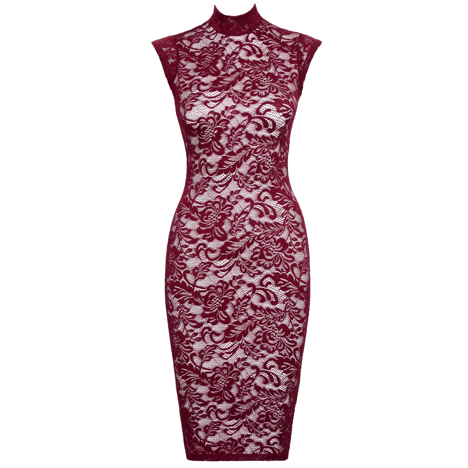Robe dentelle rouge bordeaux moulante col montant Cottelli élégant sensuel