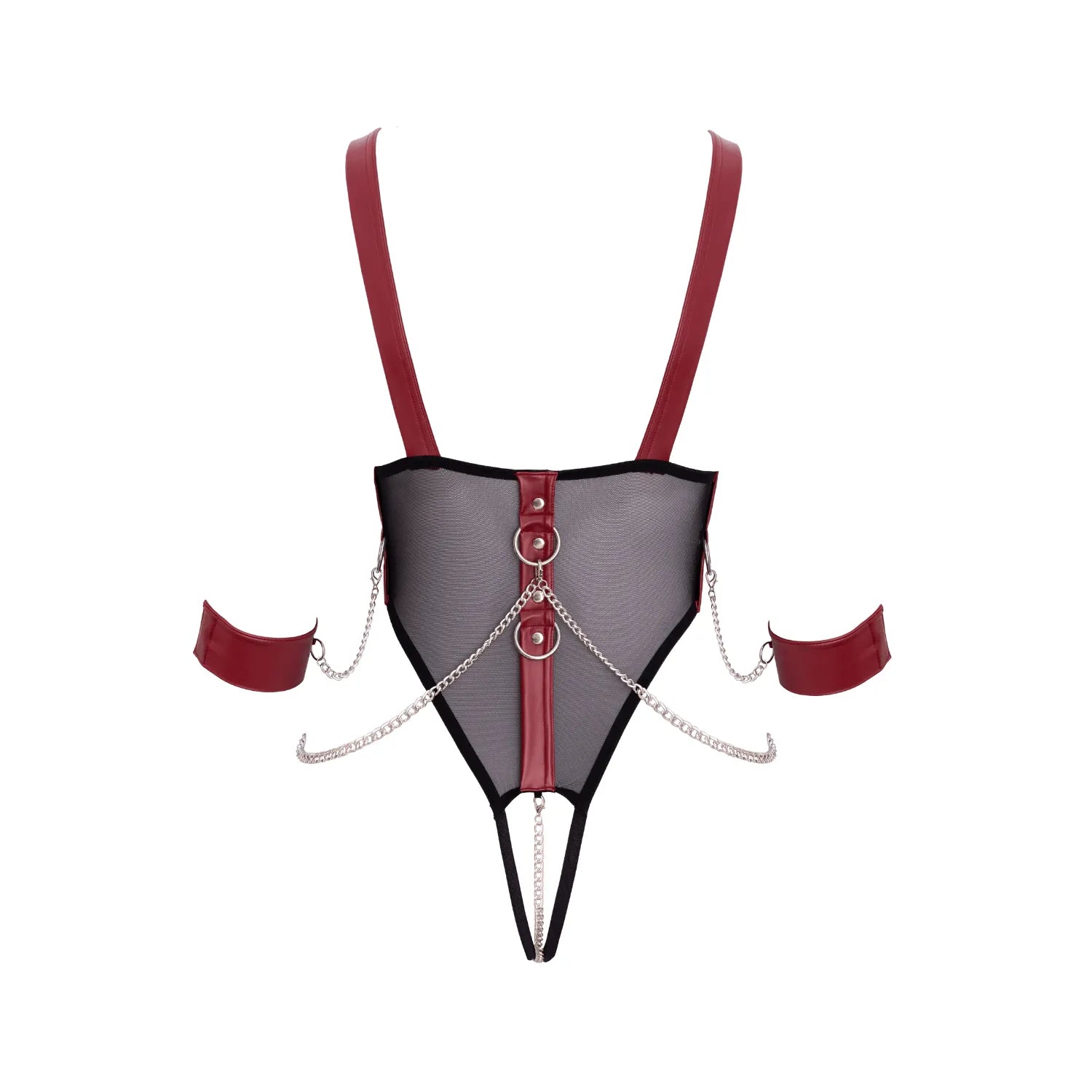 Body bondage noir en powernet avec chaînes, anneaux et menottes, design audacieux et sensuel par Cottelli BONDAGE.